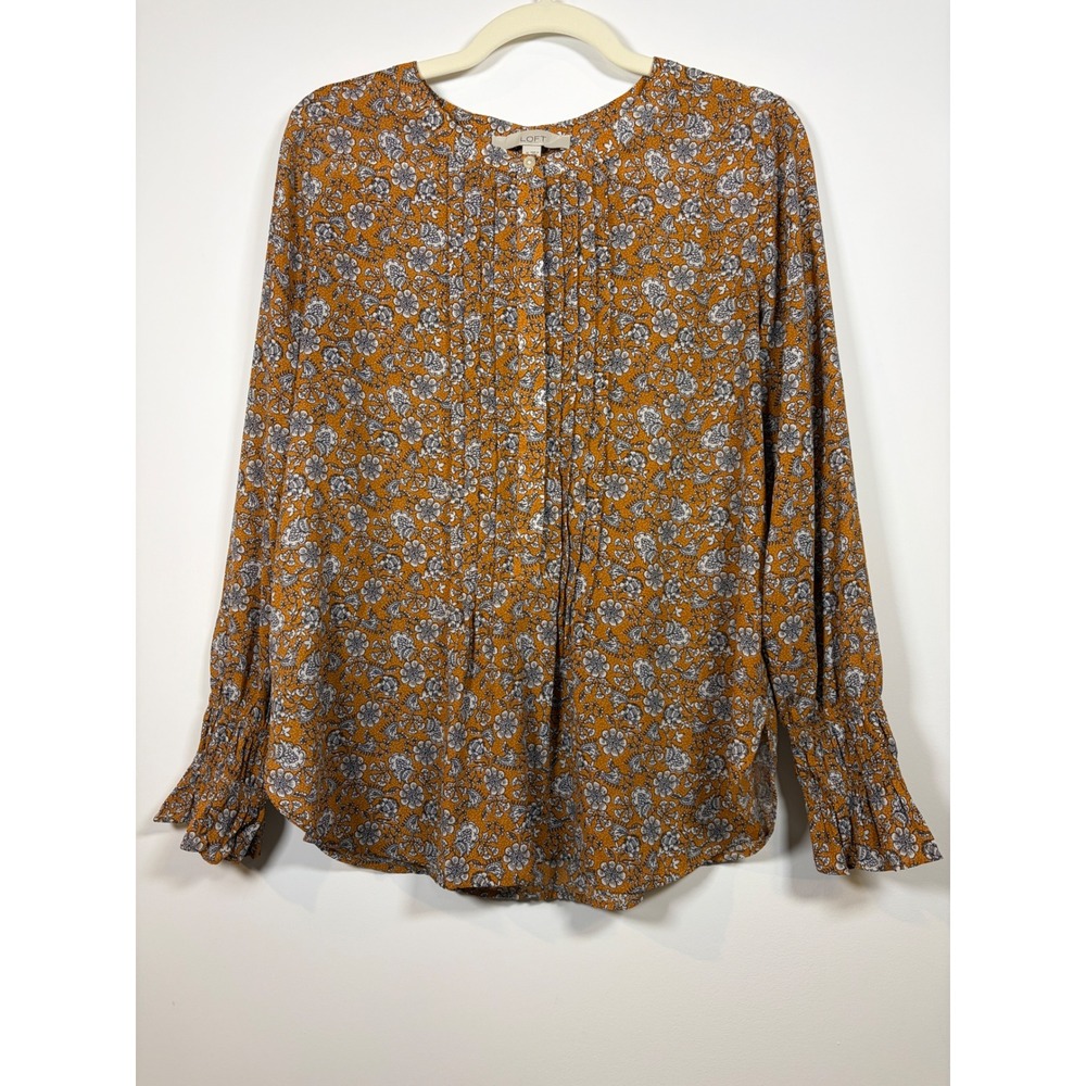 Loft Mustard Yellow Floral Pleated Front Blouse Smocked Cuffs Medium